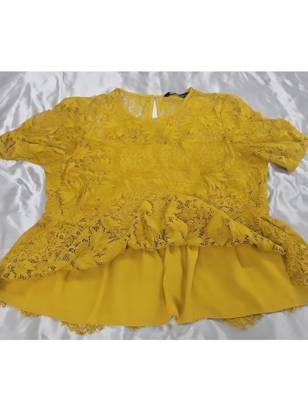 Zara Womens Large Mustard Yellow Lace Peplum Top Romantic Cottagecore Blouse - Picture 6 of 16